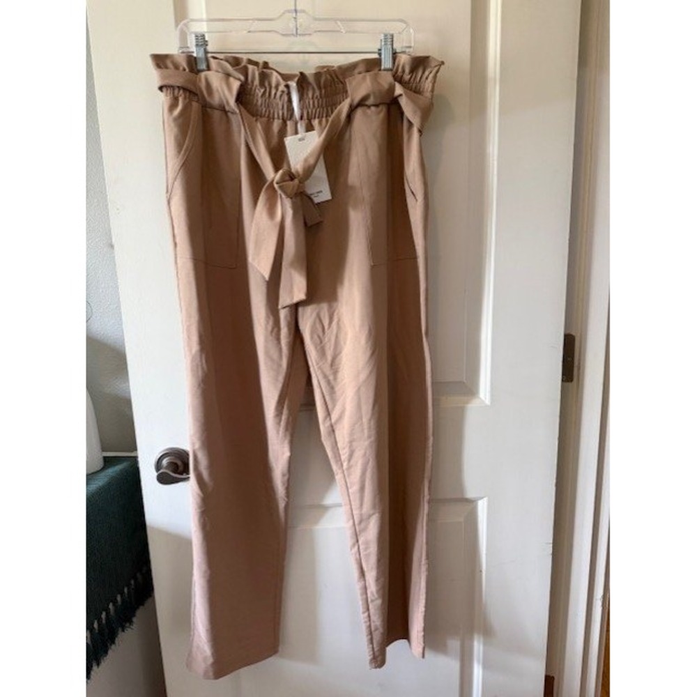 Grace Karin Khaki Paperbag Waist Tapered Pants with Tie Belt Tan Business Casual - Picture 3 of 5